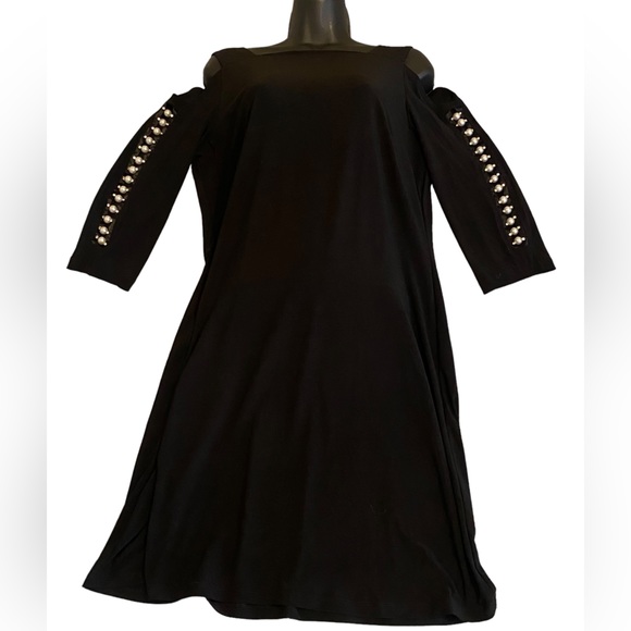 Black cold shoulder Cocktail dress with pearl & rhinestone sleeves S. Levine Med - Picture 12 of 16